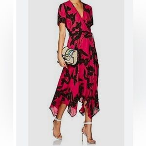 A.L.C Women’s Pink Floral V Neck Short Sleeve Silk A Line MIDI Dress Size 2